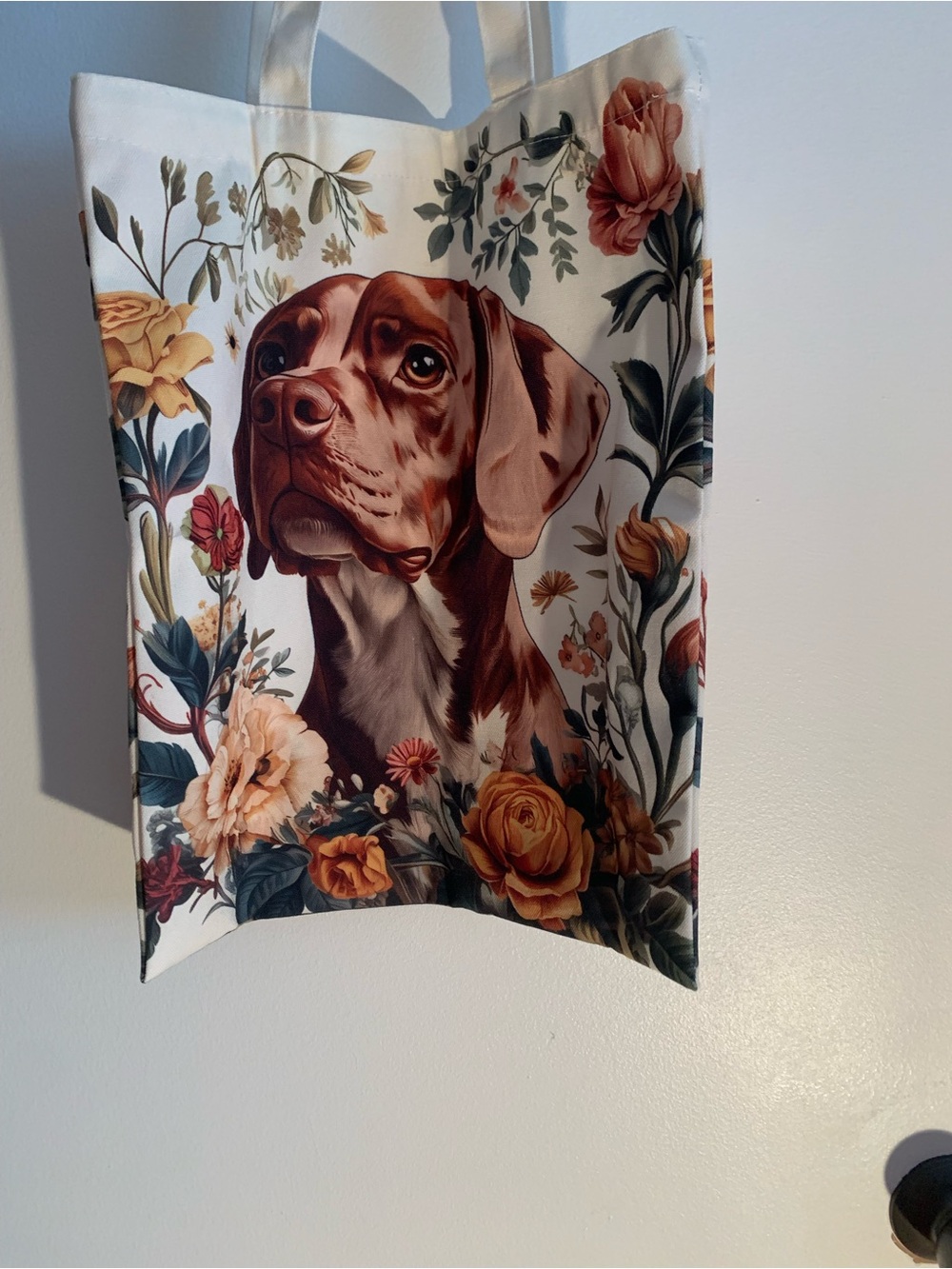 Floral Brown Dog Tote Bag - Canvas Pet Portrait Shopper tote medium size